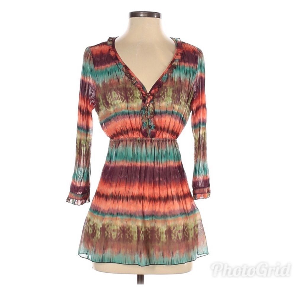NEW DIRECTIONS Y2K Tie Dye Babydoll Top Long Forest Fairy Rainbow Crinkle Stripe